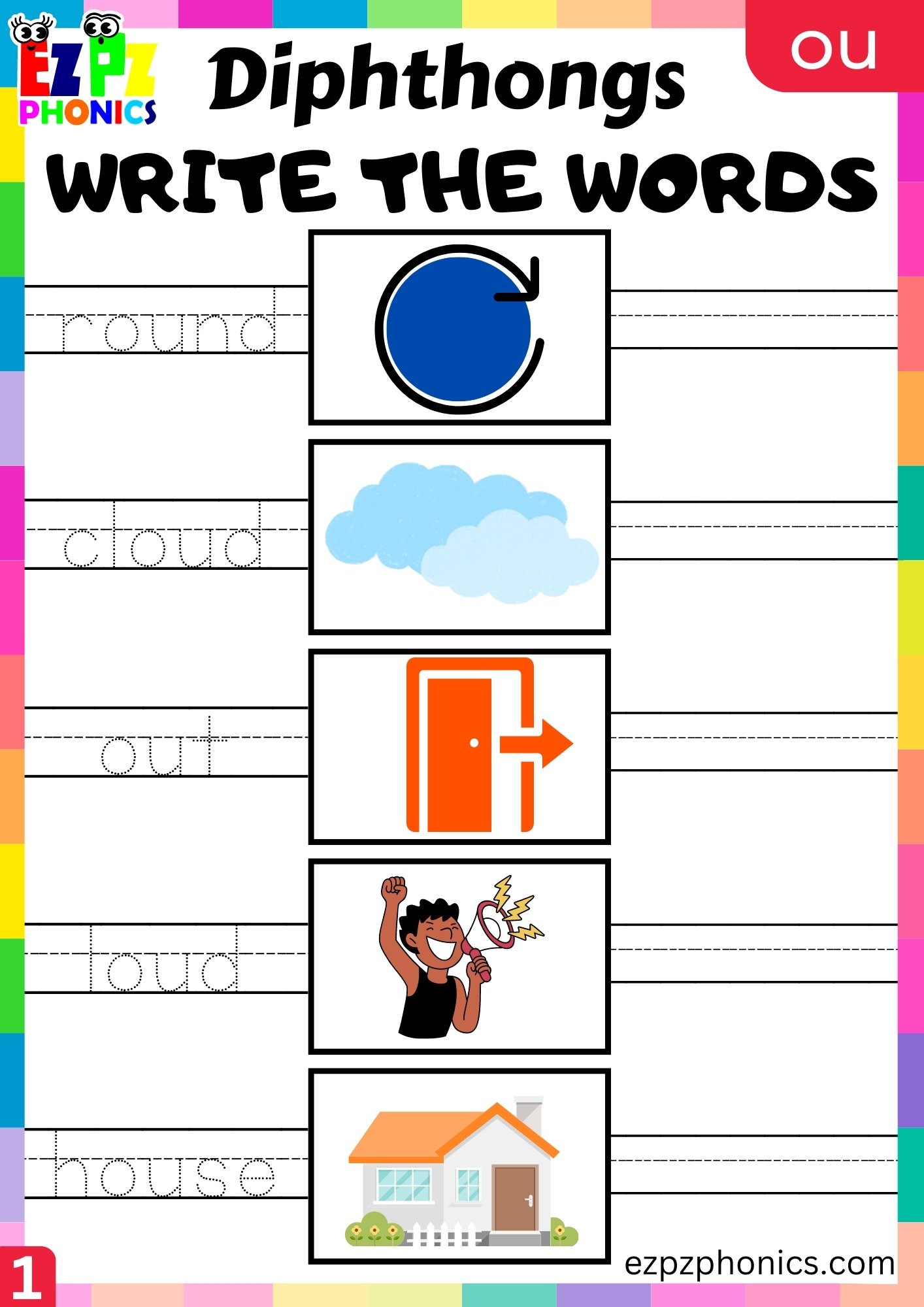 Ou Diphthong Write The Words Worksheet Pdf Download Ezpzphonics Com